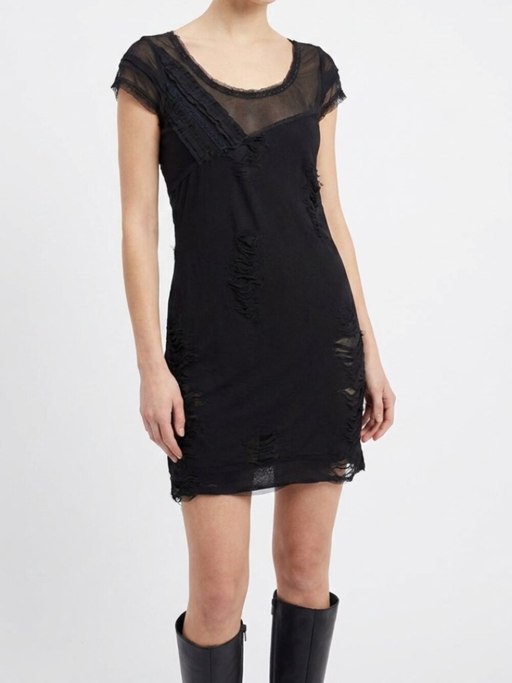 Thrashed Mesh Overlay Black Distressed Bodycon Mini Dress Size M Medium